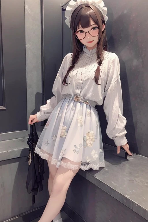 highest quality、masterpiece、high sensitivity、high resolution、detailed description、slender women、glasses、girly fashion、