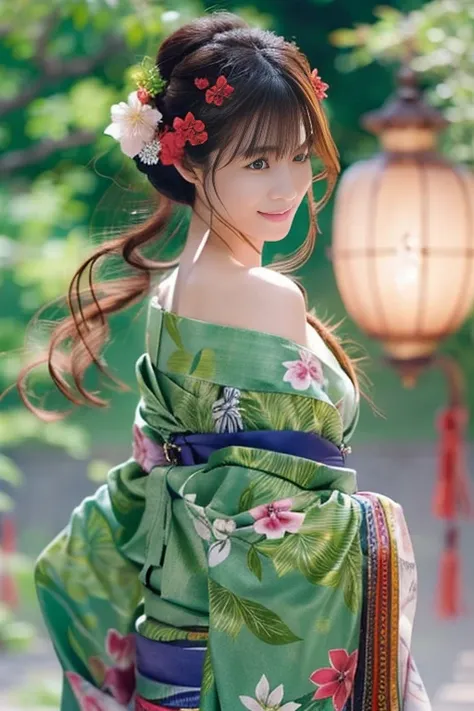 Under the enchanting moonlight, In a tranquil Japanese garden, A beautiful woman with her kimono half-removed、It reveals her graceful shoulders and back.。. Her modest yet captivating gaze is full of hidden secrets.. As she strolls gracefully down the garde...