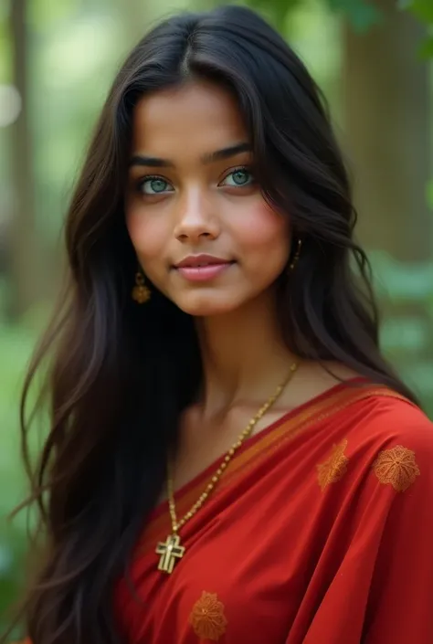 A girl with natural beauty and long hair she is a Kerala girl  that girl was zero makeup she is a Christian girl she have a jesus cross pendant in shes neck she have a red saree  she was medium sized body she have a small smile shes face shape is square. S...