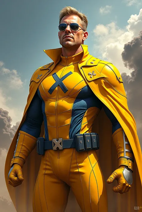 Captain america  with wearing yellow X-men Suit and X logo on this Chest