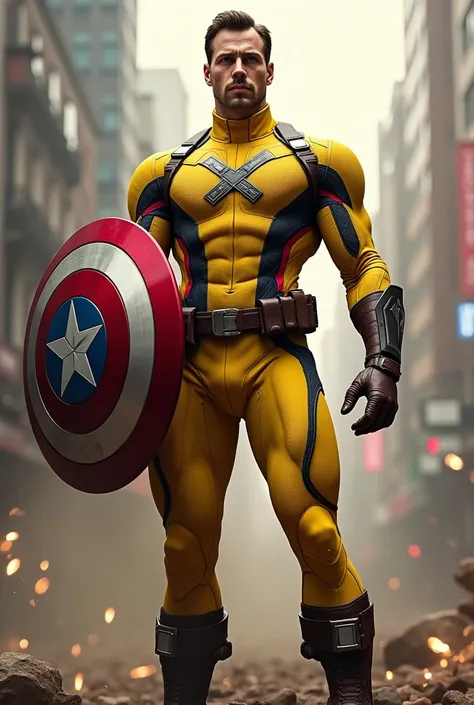 Captain america  with wearing yellow X-men Suit and X logo on this Chest with sheild