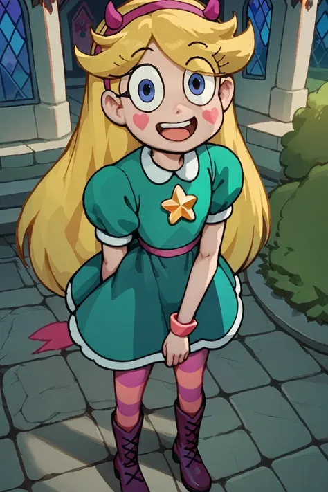 star butterfly, yellow hair, headband with little horns, teal dress, pink striped pantyhose/purple up to the hip, boots, in a ca...