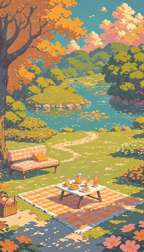 landscape lofi pixel, No people ,Cozy,Orange Pink,picnic