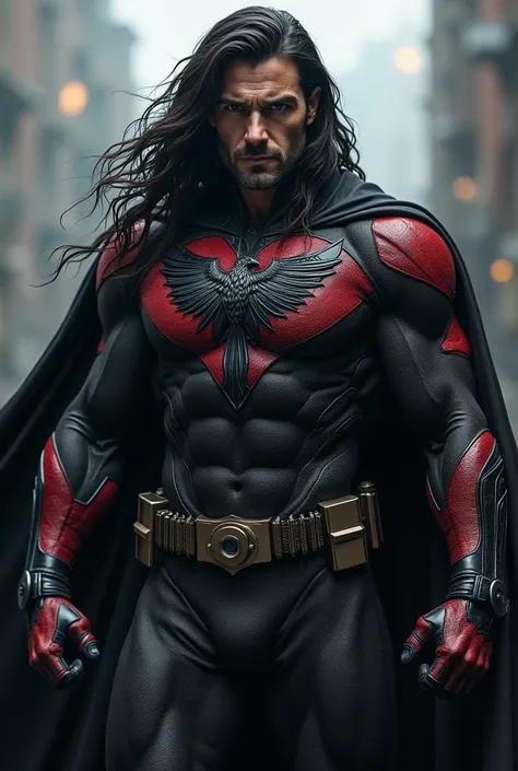 A superhero wearing dark and red costume with long hair and a crow logo on his chest 