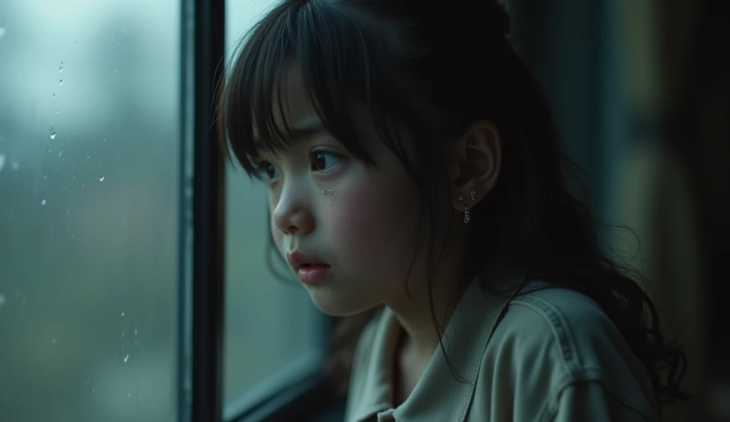 A girl is sitting near a glass window and crying. The girl is in a lot of trouble so she is crying. The picture is cinematic.