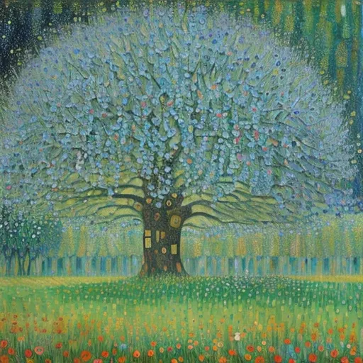 Painting of a tree in a field with flowers and birds, Gustav Klimtの絵画, Pointillism, Gustav Klimt作, Gustav Klimt, Gustav Klimt 4k, gustav klimt 4 k, By Klimt, Gustav Klimt8K, Gustav Klimt・ヨ・ヨナリ