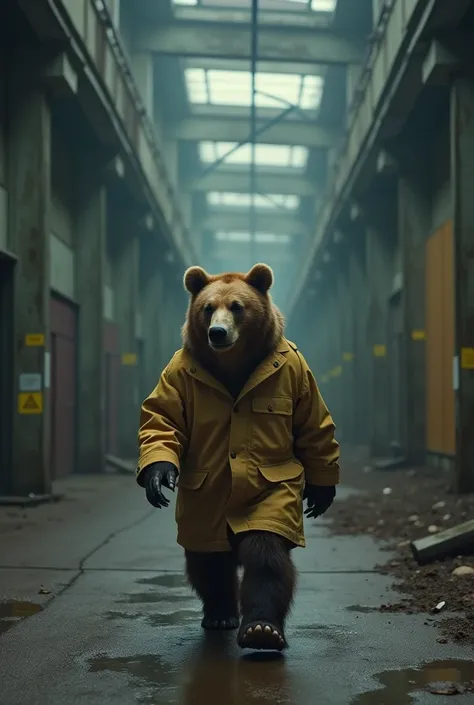 Mid-shot，whole body，A brown bear wearing a raincoat explores an abandoned nuclear waste storage warehouse,Move carefully,more details,More shadows, (8K), (best quality: 1.2), (Practical), (Reality: 1.37), Ultra HD,