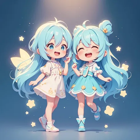 １people、Happy atmosphere，Cute Style，Cute cartoon，round background，masterpiece　Fairy　Long light blue hair　Cute Characters　 Anime Style　laughing　The whole body is visible　Charm　High resolution　delicate　
