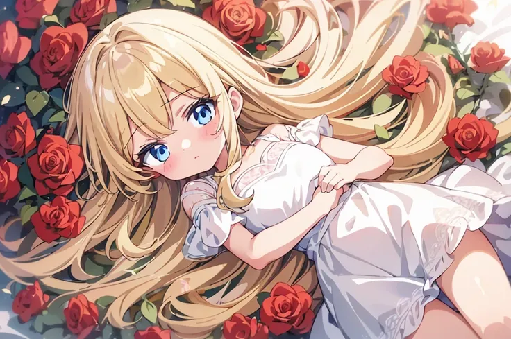 one  girl, blonde hair, white one-piece dress,  lying in the red roses, light blush, moderately long hair, cute, qhly, teenager,