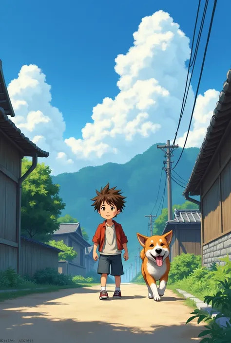 A real  boy with brown hair with his dog in road  of japan