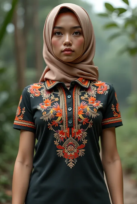 create a polo design with a distinctive collar with batik for women, male behavior, Muslim women (his arms are extended) dan croptop polo