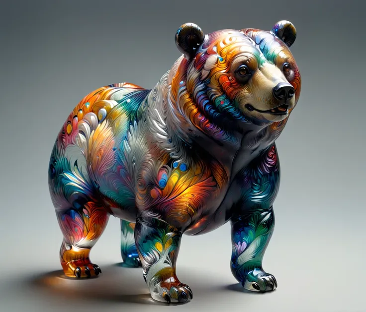 (chubby, male, bear), transparent glass sculpture, vibrant colors, mad-vangoghian, hires textures, highly detailed, intricate de...