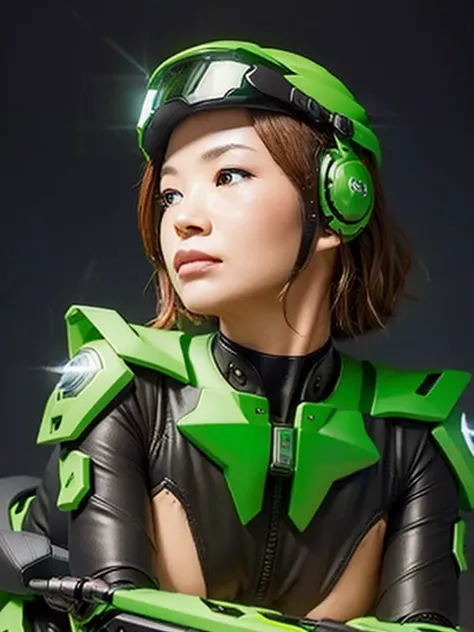 Best image quality, Excellent details, Ultra-high resolution, (realism: 1.4), Best illustrations, Favorite Details, A very condensed one, Delicate and beautiful features, Wearing a black and green mech, Wearing a mecha helmet, Hold the directional controll...