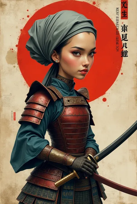 4d reality caricature of big headed, beautiful Indonesian woman samurai in late 16th century Japan, wearing a gray headscarf, wearing full armor, holding a traditional samurai sword, in a layered collage style; dark art, stylish innovative street art, icon...