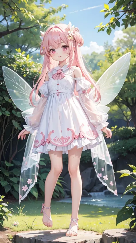 anime style young female character、full body portrait。a small fairy 15cm tall、it has delicate, transparent wings on its back.。lo...