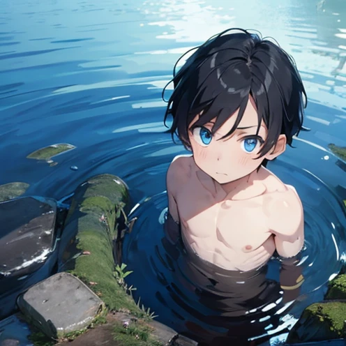 masterpiece, Completely naked, 1 boy, child, alone, Male focus, blue eyes, whole body, From above, In the water  