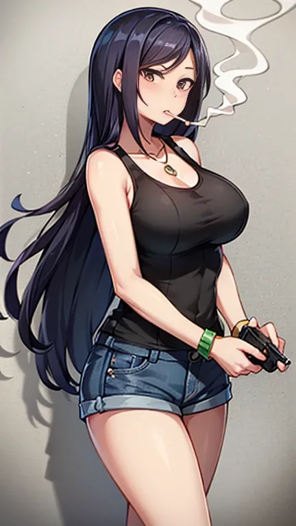 Highest quality,high resolution,２d,(Cel animation style),One woman,30 year old Asian female,(Straight long black hair),((Black tank top)),((Denim shorts)),((1 with a pistol in each hand.3)),(Skull Necklace),Black sneakers,(Beautiful face with slits 1.3)，Bl...