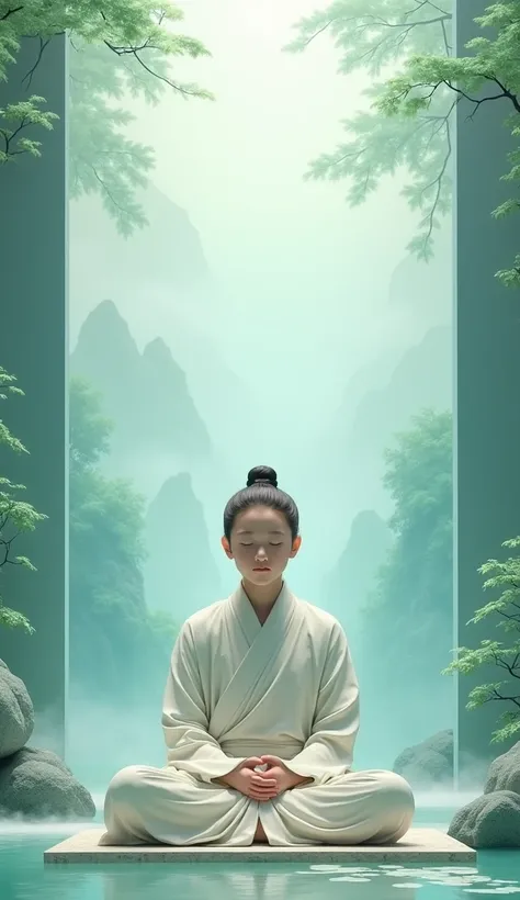 light blue-green，Chinese artistic conception style mural，A young monk is meditating，The lens is shot from the front，The expression is calm。Simple and elegant style，clear wallpaper，Exquisite details，Surrounded by light-colored landscape paintings，light mist...