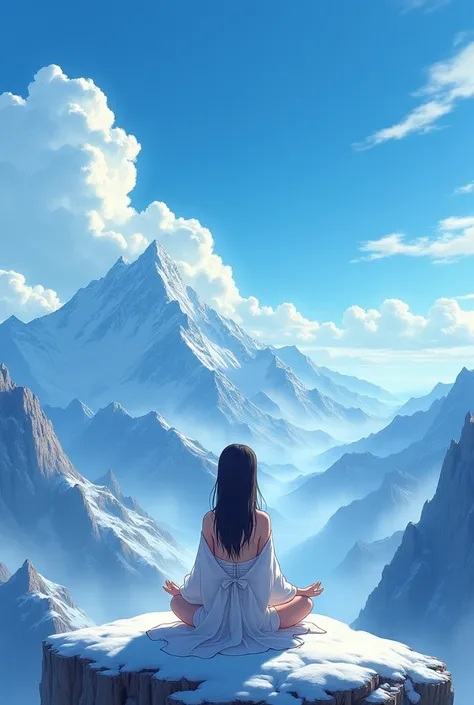 Anime girl doing meditation on a mountain