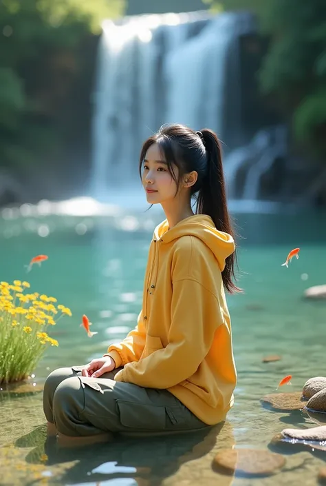 Beautiful Korean girl, white skin, well-groomed face, black hair in a ponytail, thin smile, yellow hoodie, knee-length cargo pants, posing sitting soaking in very clear river water, fish swimming, small stones, small yellow flowers, water background very b...