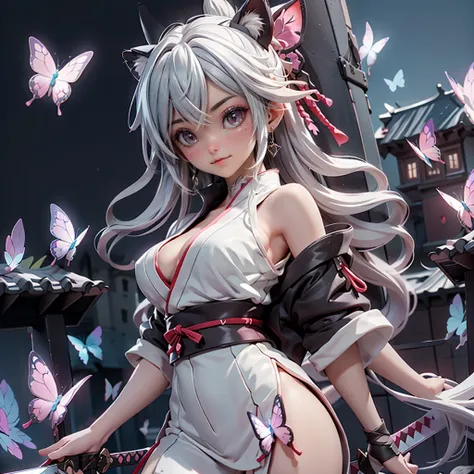 (On the roof of the castle), (Anime characters with swords), Amazing anime 8k, Very beautiful cyberpunk samurai, Anime Style 4k, Demon slayer, ((Butterfly Ninja 1.2)), Cat ear, Silver Hair, ((3DCG)), (3D Rendering), A fascinating body, Energetic, Large Bre...