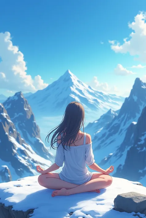 Anime girl doing meditation on a mountain