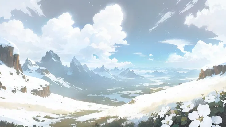 There is a painting，The painting shows a snowman standing on a snowy mountain。, Anime Landscape, Detailed scenery —width 672, Anime Landscape wallpaper, Anime Landscape concept art, Anime Landscape, Huge landscape!, beautiful Anime Landscape, Anime rural s...