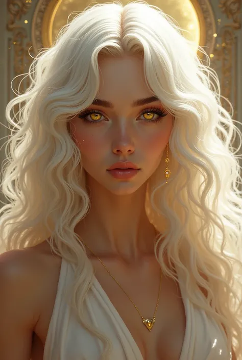 Create a portrait of Gabriels, an androgynous and ethereal figure. He has long, platinum curly hair that flows elegantly. His body is toned and sleek, with no emphasis on traditionally feminine features. His skin is silky smooth, and his striking gold eyes...