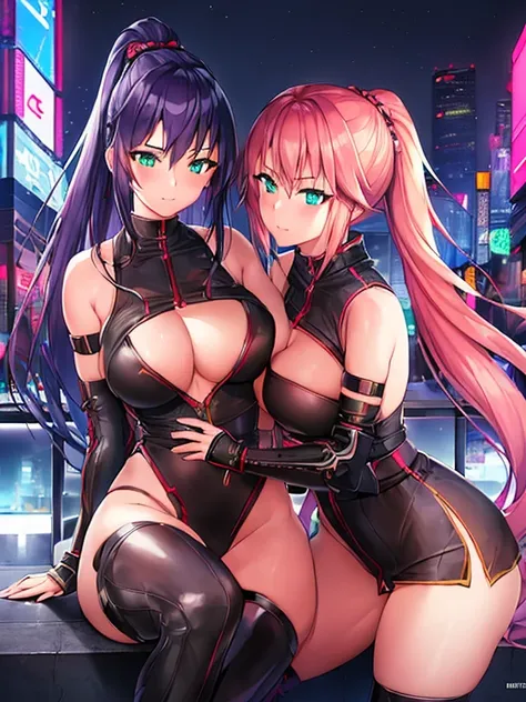 nsfw,((2girl,yuri),female ninja,princess),Very detailed,High resolution,4K,8k,masterpiece,High resolution,(moon night,Late Night,long shot,Cyberpunk cityscape,Vibrant neon glow),gazed at each other