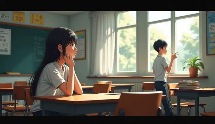 Classroom at school, one girl looking out the window, one boy outside