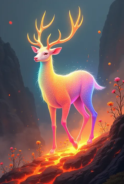 Wonderful idea, Chinese painting ((ink wash style)), a sacred seven color fairy deer ((emitting aurora colored light all over its body))，walking on the magma of volcanic eruptions, with flowers and plants growing inside the magma