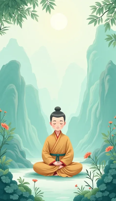 light blue-green，Chinese artistic conception style mural，A young monk is meditating，The lens is shot from the front，The expression is calm。Simple and elegant style，clear wallpaper，Exquisite details，Surrounded by light-colored landscape paintings，light mist...