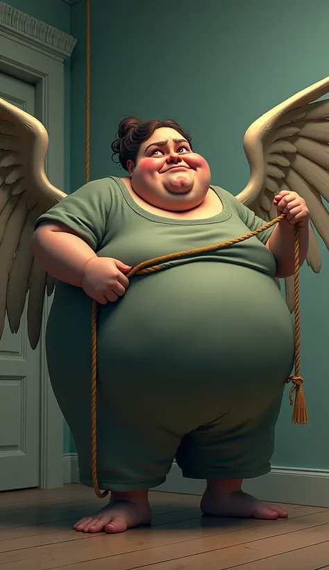 A very fat woman is tying the rope with wings to get hanged 3d cartoon 