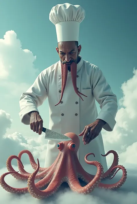 A octopus wearing a chief uniform and  hanging knife and cutting octopus in the sky