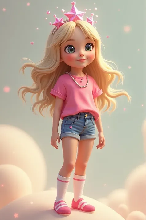 A girl with a pink star crown, with loose blonde hair with a pink top, with denim shorts and pink socks with white stripes