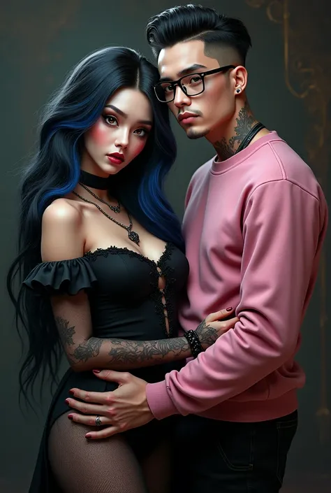 Couple, She is gothic with a curvy body, big cheeks, big butt, black hair with blue and big brown eyes, clear skin, He has straight hair combed upwards and small rectangular glasses and a wide nose and a pink sweatshirt and black pants.