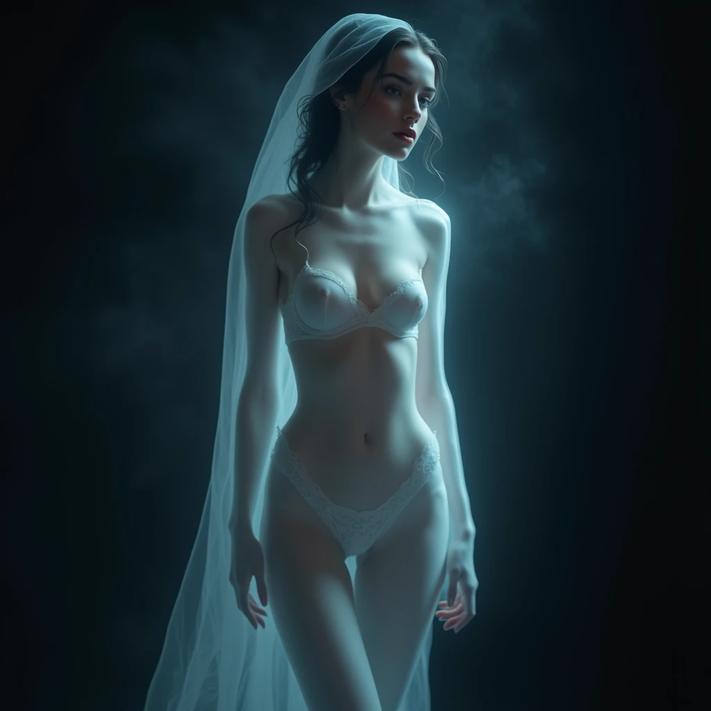 Erotic ghost, beautiful and attractive thighs, beautiful and attractive navel, beautifully detailed large breasts, beautifully detailed décolletage, beautifully detailed eyes, beautifully detailed lips, highly detailed eyes and attractive face, long eyelas...