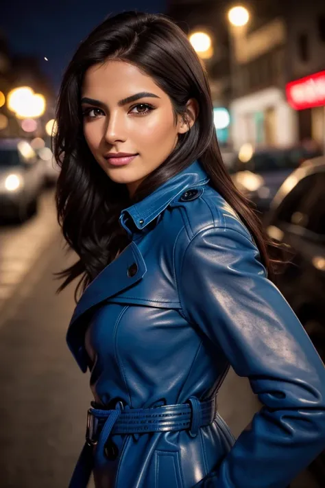 Best quality, realistic, from the front in first person, on the street, (a female mexican Supermodel), (A sexy blue leather trench coat:1.1), split, seductive smile, (dark hair), (hairstyle:1.0), Perfect eyes, sharp parts, detailed face, face-makeup, cheek...