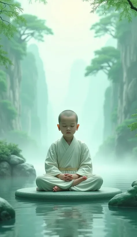 light blue-green，Chinese artistic conception style mural，A young monk is meditating，The lens is shot from the front，The expression is calm。Simple and elegant style，clear wallpaper，Exquisite details，Surrounded by light-colored landscape paintings，light mist...