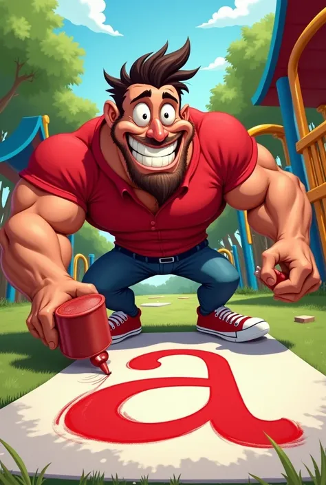  In the foreground, there is a caricature-style image of a muscular man in a red shirt holding a red crayon and drawing a large letter "A" on the ground. The background includes playground equipment. The man has an exaggeratedly enthusiastic expression, wi...