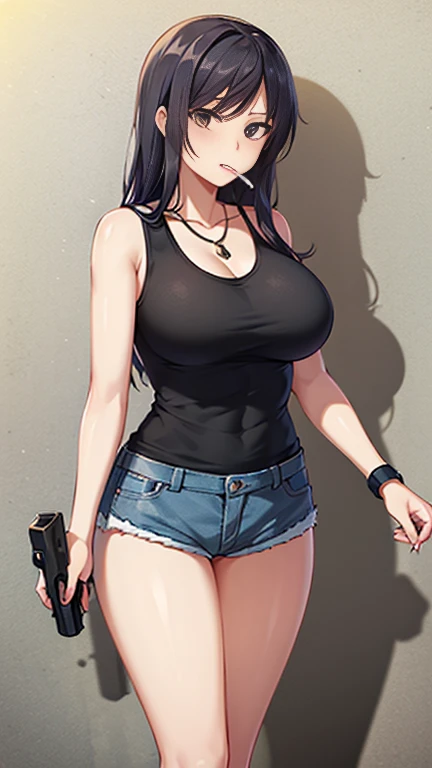 Highest quality,high resolution,２d,(Cel animation style),One woman,30 year old Asian female,(Straight long black hair),((Black tank top)),((Denim shorts)),((1 with a pistol in each hand.3)),(Skull Necklace),Black sneakers,(Beautiful face with slits 1.3)，Bl...