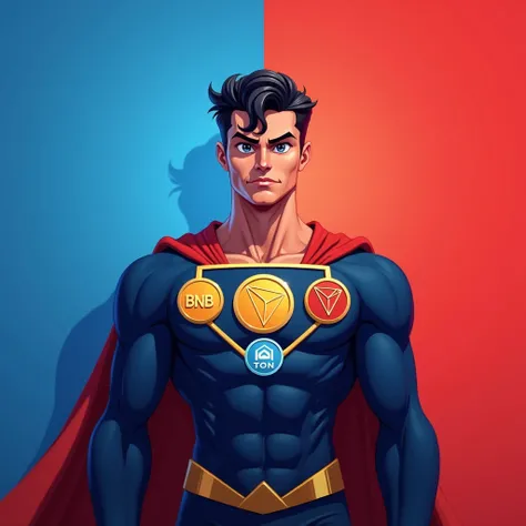 The image shows a superhero character standing confidently against a background split between blue on the left side and red on the right side, creating a strong visual contrast. The characters suit mirrors this color scheme, with the left half of the suit ...