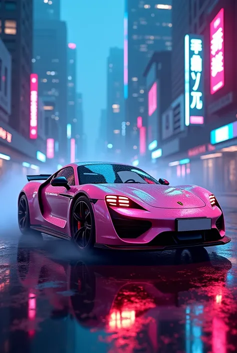 Porsche 911 in cyberpunk neon with city glowing blue in pink light 