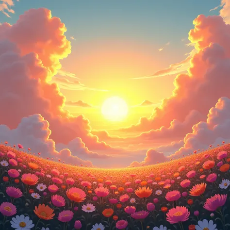 A stunning hyperrealistic painting capturing the vibrant hues of a sunrise over a lush landscape. The sky is painted with a gradient of warm oranges, yellows, and pinks, with the sun peeking through the clouds. The ground below features a variety of colorf...