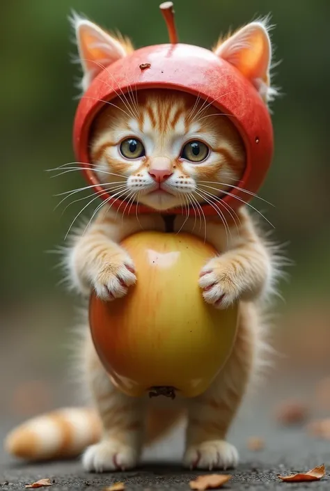 A highly realistic anthropomorphic kitten standing and facing forward. The kitten has an extremely cute face, with its head, hands, and feet being that of a kitten. The kittens torso is an apple, and it is wearing an apple-shaped helmet. The overall appear...