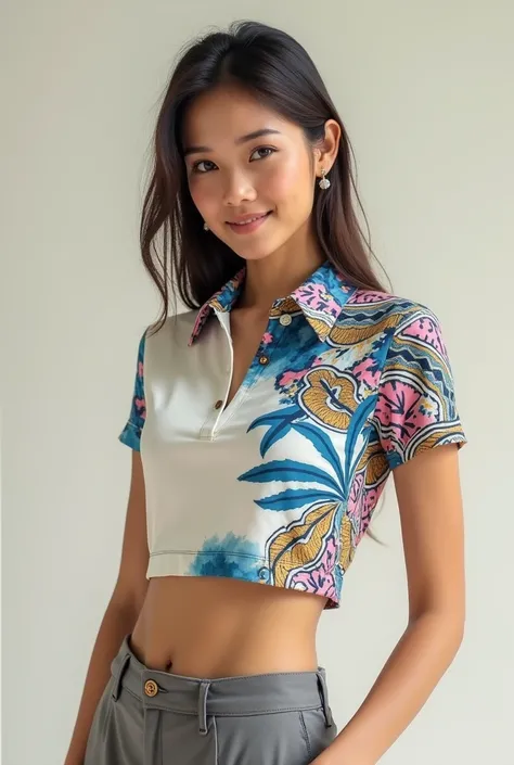 



"Create a croptop polo shirt design featuring a batik pattern on the collar. The design should focus solely on the shirt itself, without showing any faces or figures." for girl