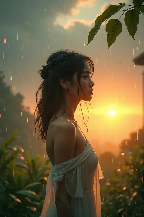 Girl relaxing in rain during sunrise 