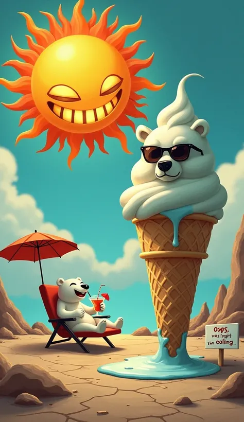 A melting Earth ice cream cone dripping into a cracked desert, with a sign next to it saying, ‘Oops, we forgot the cooling.’ In the background, a polar bear in sunglasses lounges on a beach chair, sipping a cocktail with a tiny umbrella. Above, the sun has...