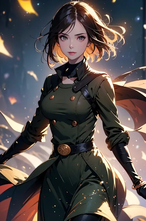 (at night), in a video game scene in the background, a beautiful city at night, raining, alone, standing looking straight ahead, military clothing with military green skirt and pants, black gloves, semi-short hair, ((semi-short hair)), 1 girl, 30 years old...