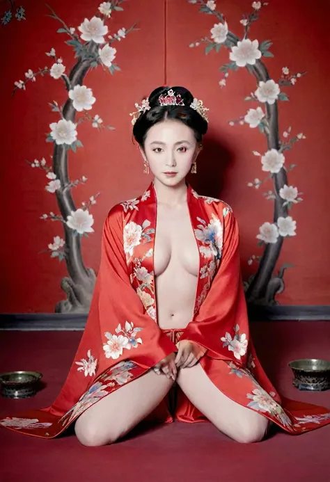 Empress of the Qing Dynasty, A nude woman wearing a red floral Hanfu jacket, Squat down with your legs wide apart, Front view, Inside the Qing Dynasty Palace